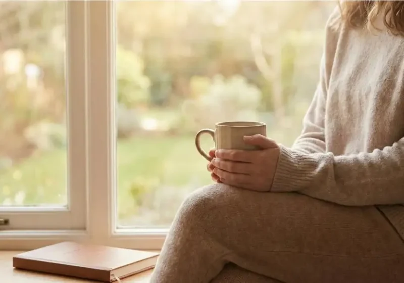 A woman sitting calmly by a window, journaling and enjoying coffee as part of a soft morning routine.