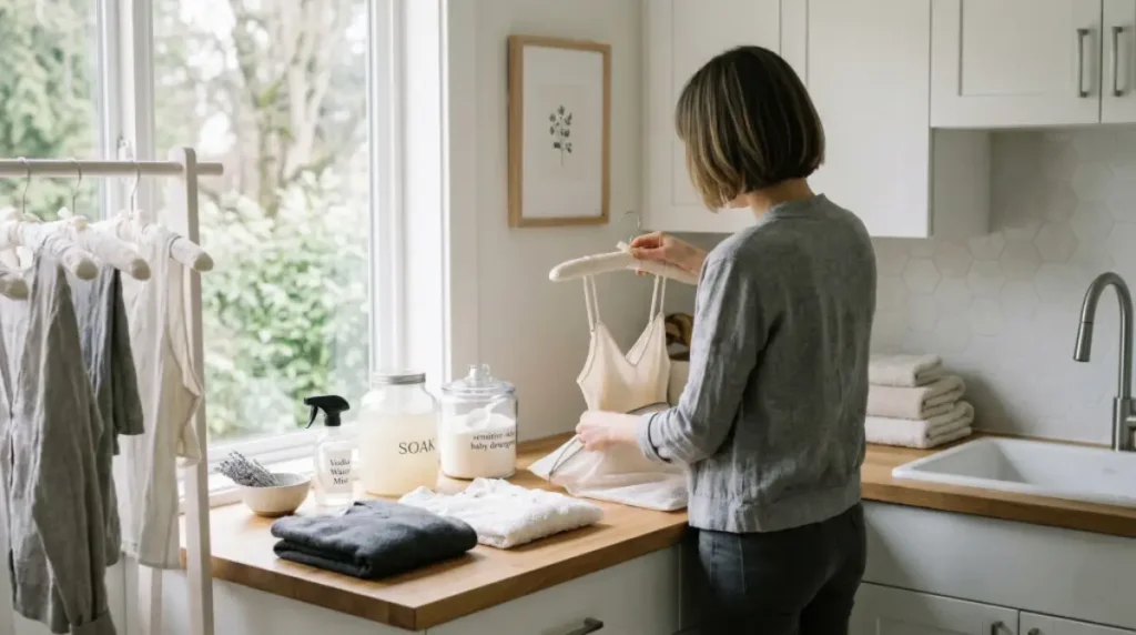 A woman practicing the best laundry tips for washing delicate garments by carefully preparing a white blouse for a gentle cycle.
