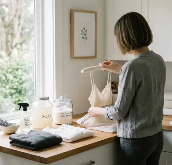 A woman practicing the best laundry tips for washing delicate garments by carefully preparing a white blouse for a gentle cycle.