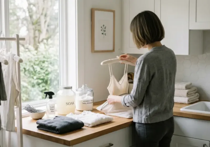 A woman practicing the best laundry tips for washing delicate garments by carefully preparing a white blouse for a gentle cycle.
