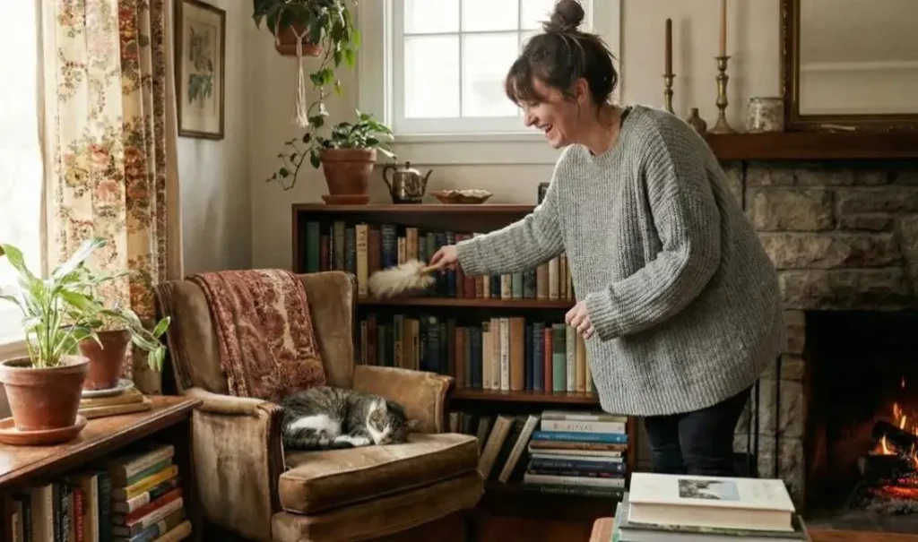 A Simple Weekly Cleaning Routine for a Stress-Free Home 5 tips 2 Smiling woman dusting a bookshelf in a cozy living room, a cat naps in a nearby armchair next to a warm fireplace during the simple Weekly Cleaning Routine