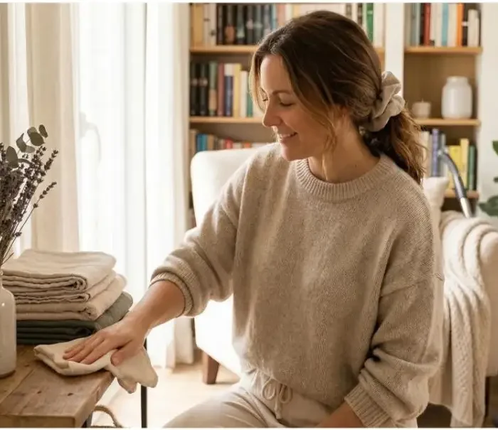A woman mindfully wiping down her counters to maintain a clean and cozy home during her weekly cleaning routine.