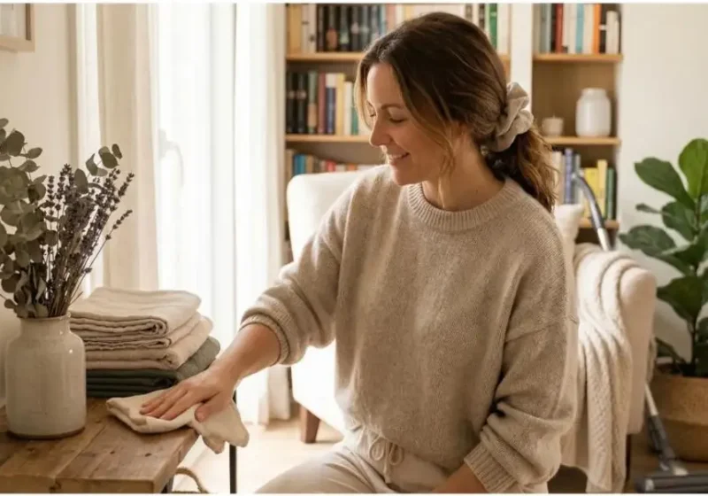 A woman mindfully wiping down her counters to maintain a clean and cozy home during her weekly cleaning routine.
