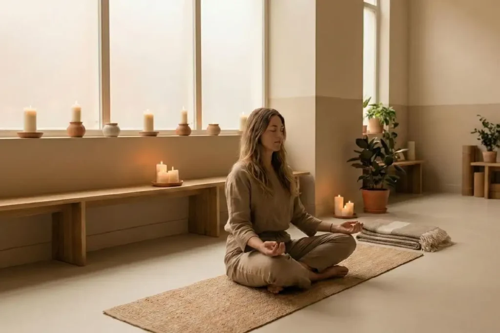 A woman sitting cross-legged on a yoga mat with her eyes closed, enjoying a relaxing yoga for stress relief practice
