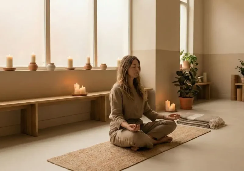A woman sitting cross-legged on a yoga mat with her eyes closed, enjoying a relaxing home yoga and stress-relief routine by candlelight.