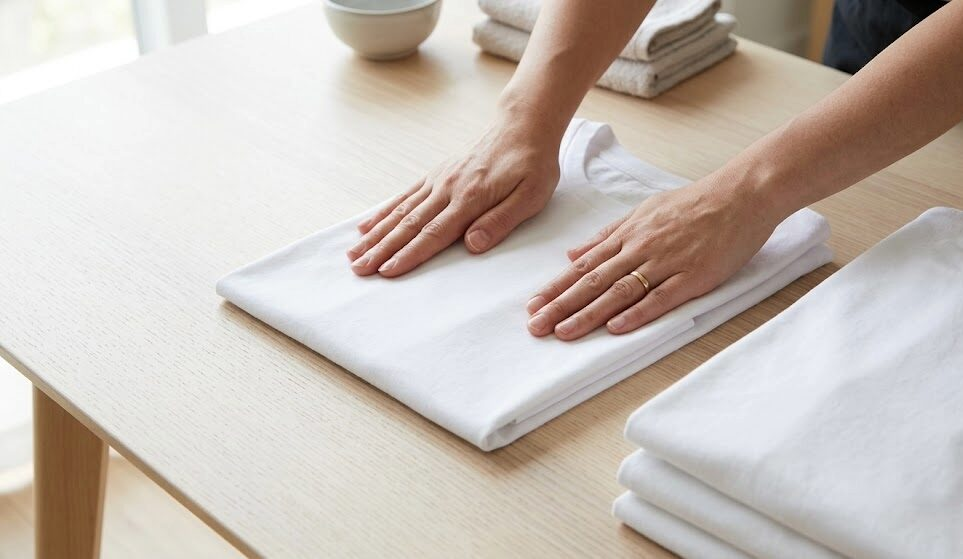 The Gentle Art of Folding Clothes: Simple Techniques for a Calmer, More Organized Wardrobe 2 A person folding clothes neatly on a wooden surface to create a wrinkle-free, organized stack of laundry.