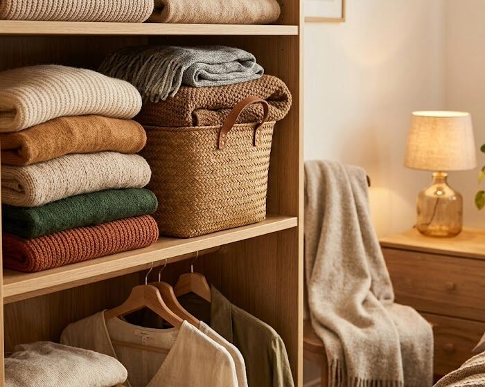 Neat stacks of neutral-toned sweaters on a wooden shelf, showing the peaceful result of folding clothes and put away into an organized closet