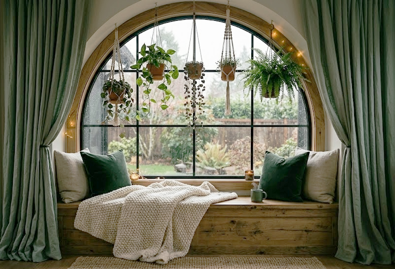 Cozy hygge home decor featuring a big living room window with sage green curtains, soft pillows, and a peaceful garden view