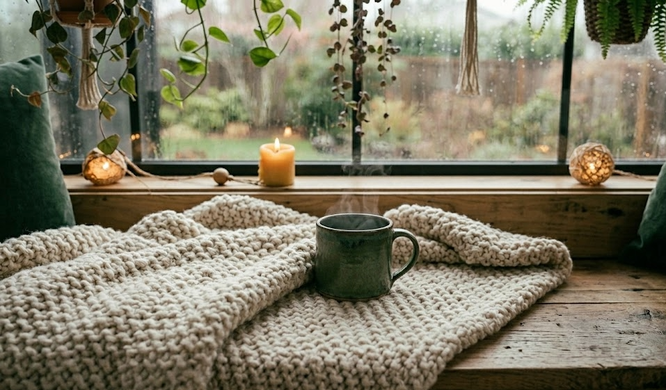 Cultivating a Quiet Life: Your Complete Guide to Hygge, the Danish Art of Cozy Living 2 A cozy hygge energy scene featuring a chunky knit blanket, a steaming mug, and candles on a wooden windowsill during a rainy day.