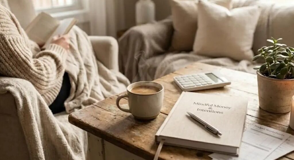 A cozy living room setting featuring a wooden coffee table with a ceramic mug, an open notebook, and a small plant, representing a mindful approach to Mindful Money Management
