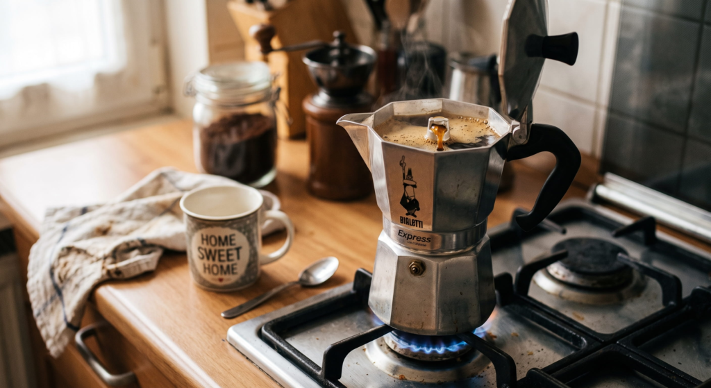 A silver stovetop moka pot and a mug that says Home Sweet Home, representing a daily habit of mindful money management