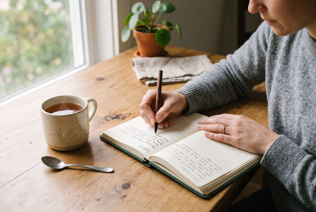 A woman writing financial goals in a notebook to build her emergency fund and practice saving with intention