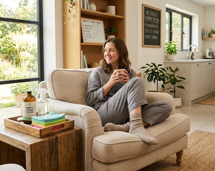 A relaxed woman enjoying a coffee in a tidy living room, demonstrating the results of a low effort cleaning routine.