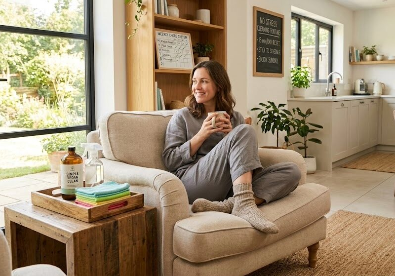 A relaxed woman enjoying a coffee in a tidy living room, demonstrating the results of a low effort cleaning routine.