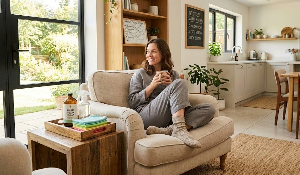The Low Effort Cleaning Routine That Finally Gave Me My Weekends Back 1 A relaxed woman enjoying a coffee in a tidy living room, demonstrating the results of a low effort cleaning routine.