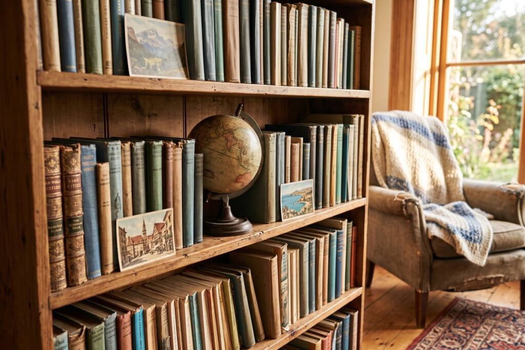 Cozy bookshelf with travel books and a vintage globe, dreaming about budgeting for travel