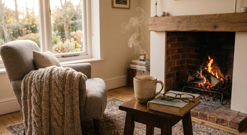 Embracing the Danish art of cozy living with a warm fireplace and quiet corner for intentional living and hygge at home.
