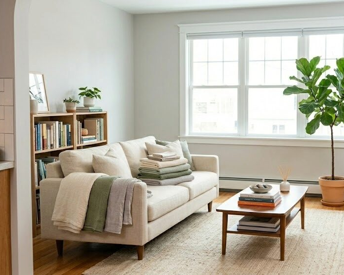 A beautiful, tidy living room displaying the relaxing benefits of choosing to hire a cleaning service and outsourcing housework for a stress-free home.