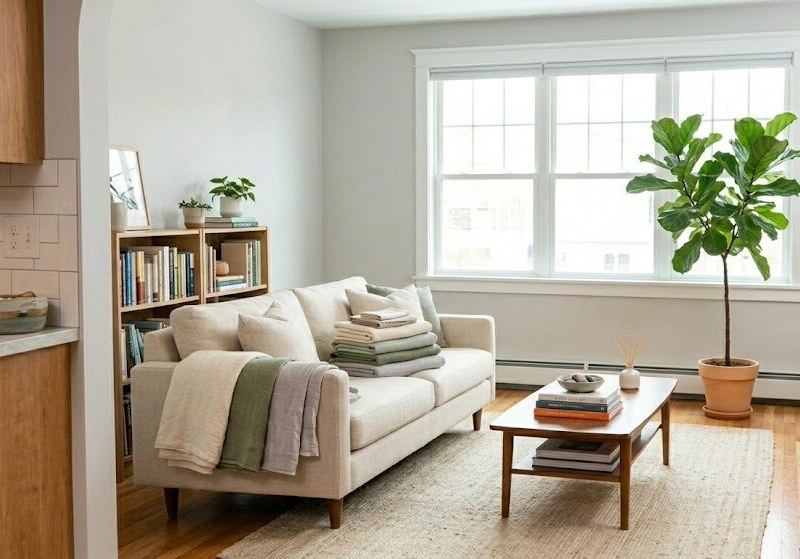A beautiful, tidy living room displaying the relaxing benefits of choosing to hire a cleaning service and outsourcing housework for a stress-free home.