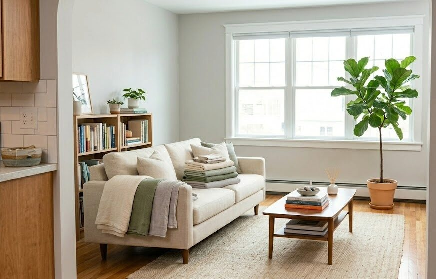 Outsourcing Housework: The To-Do List You Should Actually Ignore 1 A beautiful, tidy living room displaying the relaxing benefits of choosing to hire a cleaning service and outsourcing housework for a stress-free home.