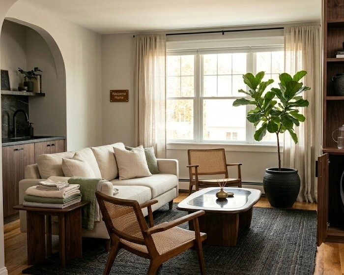 A beautifully styled living room featuring a discreetly placed automatic cat litter box as part of an intentional setup of tech for the mindful home.