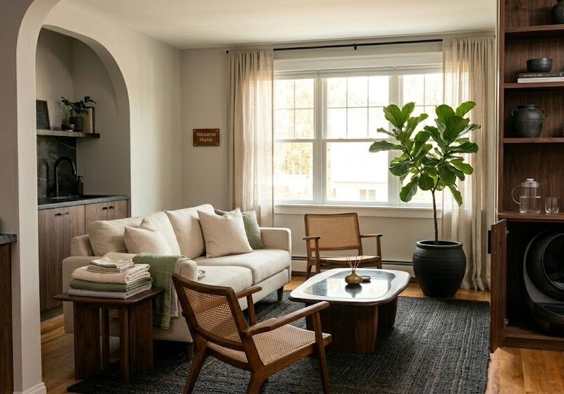 A beautifully styled living room featuring a discreetly placed automatic cat litter box as part of an intentional setup of tech for the mindful home.