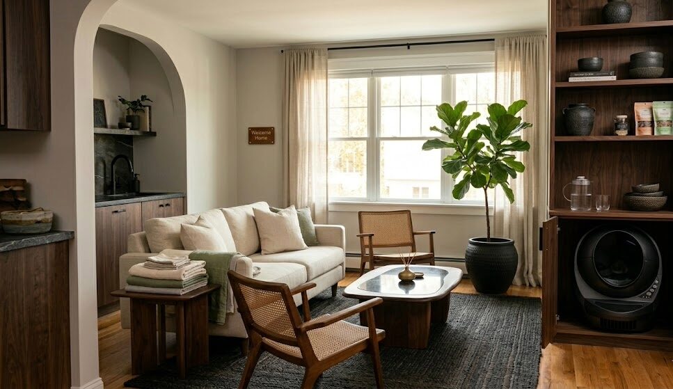 A beautifully styled living room featuring a discreetly placed automatic cat litter box as part of an intentional setup of tech for the mindful home.
