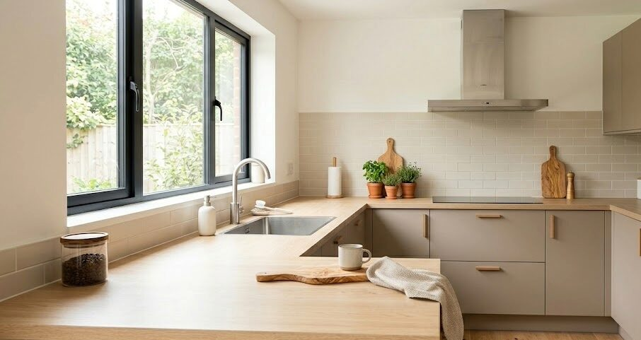 clean kitchen counters featuring a minimalistic kitchen and a low effort kitchen reset.