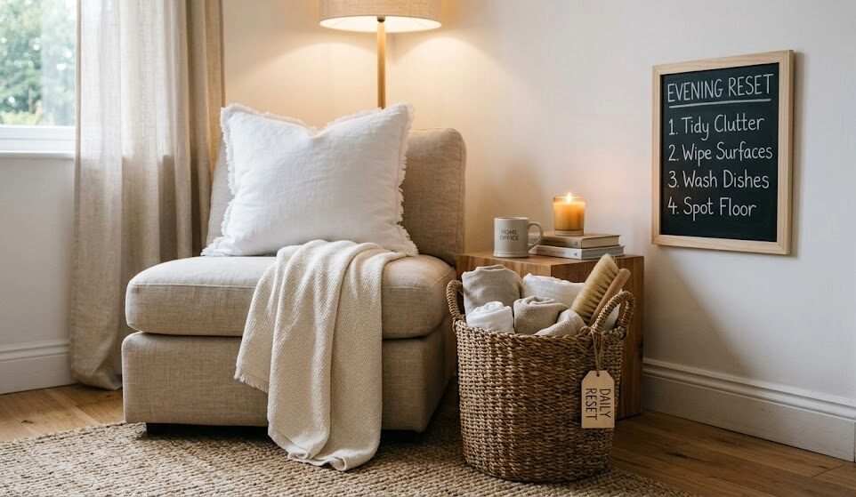 The Low Effort Cleaning Routine That Finally Gave Me My Weekends Back 3 Organizing a minimalist space using a basket as part of a calming evening reset routine.
