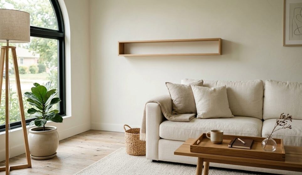 How to Achieve a Curated Space: Tips for Decluttering Your Home 1 Neutral living room decor with a soft tonal palette, showcasing how curation and specific tips for decluttering your home create a calm environment.