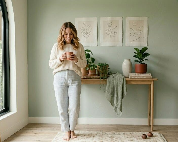 A woman in neutral lounge wear hanging a bag in a tidy, sunlit entryway—a perfect example of minimalist home decor and an intentional home.