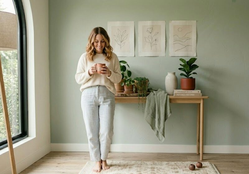 A woman in neutral lounge wear hanging a bag in a tidy, sunlit entryway—a perfect example of minimalist home decor and an intentional home.