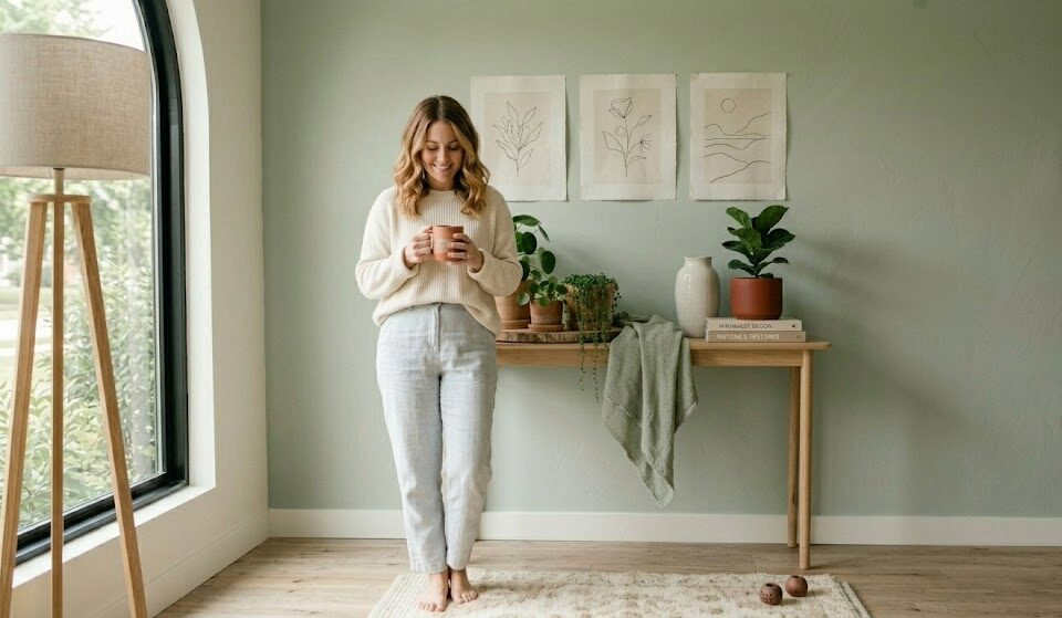 How to Achieve a Curated Space: Tips for Decluttering Your Home 2 A woman in neutral lounge wear hanging a bag in a tidy, sunlit entryway—a perfect example of minimalist home decor and an intentional home.