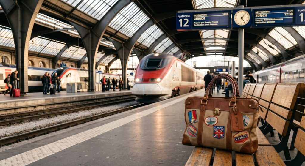 Cozy leather and canvas travel bag with a book and coffee resting on a train station bench, budgeting for travel