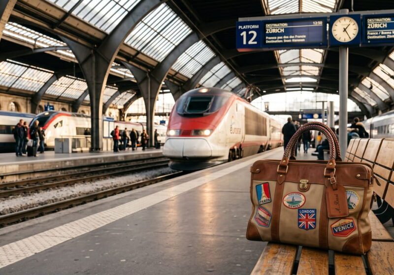 Cozy leather and canvas travel bag with a book and coffee resting on a train station bench, budgeting for travel