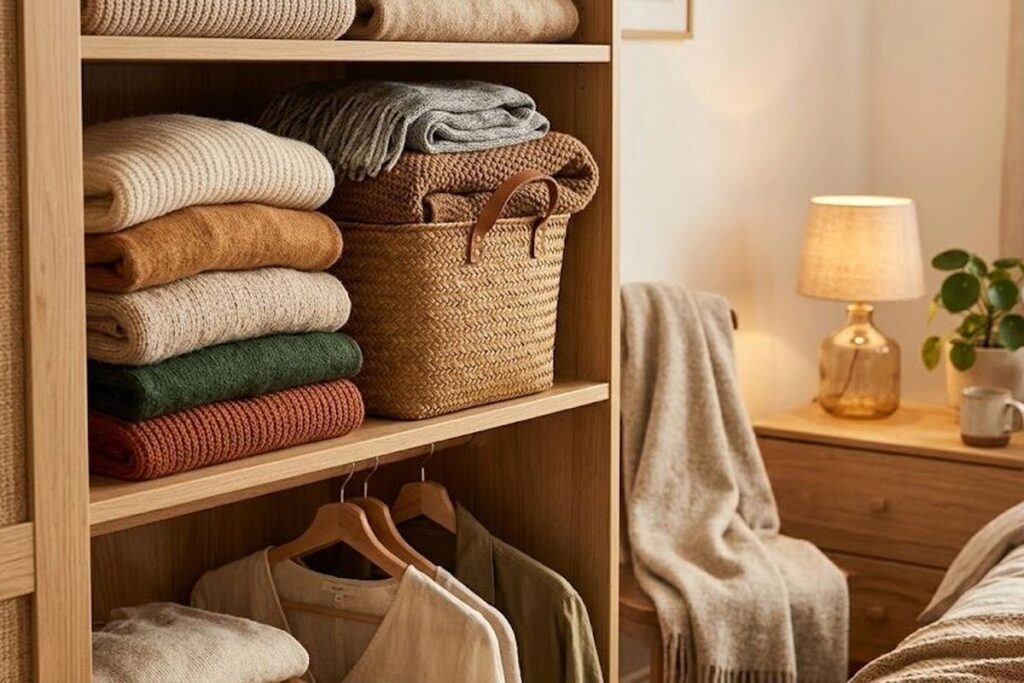Neat stacks of neutral-toned sweaters on a wooden shelf, showing the peaceful result of folding clothes and put away into an organized closet