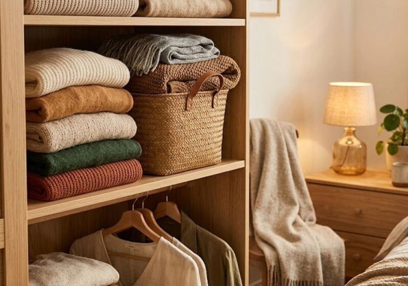 Neat stacks of neutral-toned sweaters on a wooden shelf, showing the peaceful result of folding clothes and put away into an organized closet