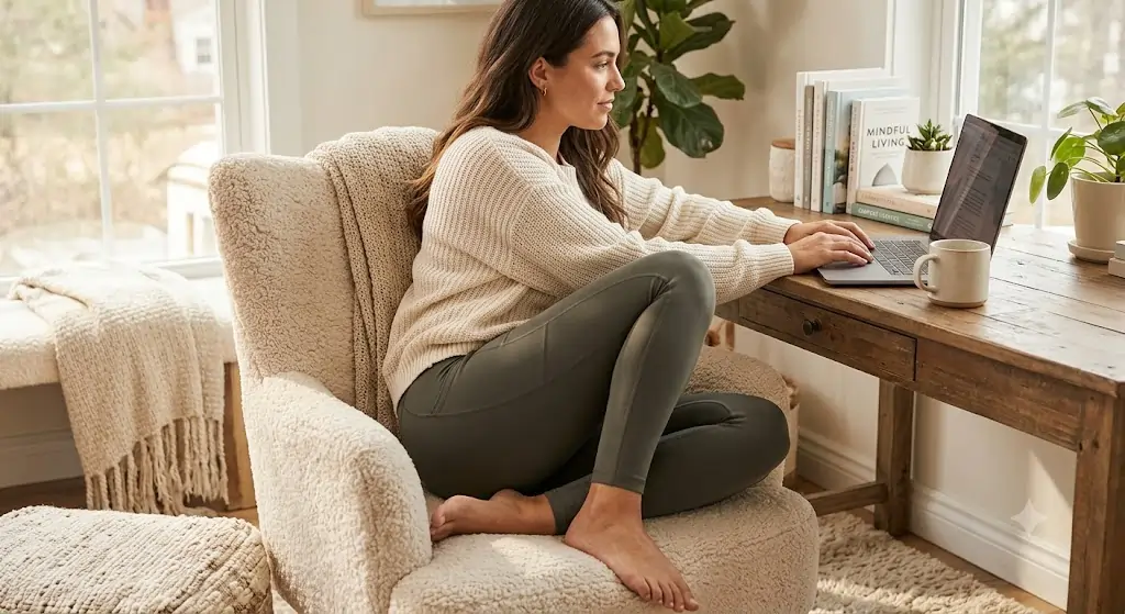 A productive work-from-home setup featuring a cozy knit sweater and soft leggings for working from home while sitting at a wooden desk