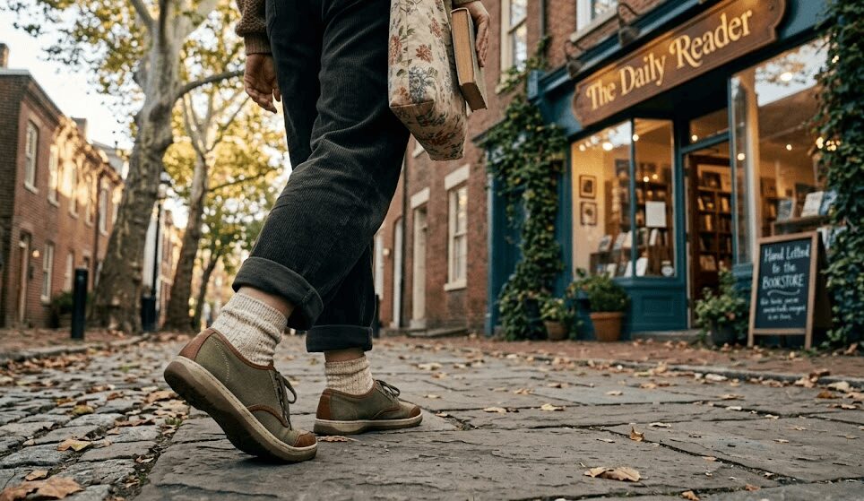 Close-up of boots on a cobblestone street, a quiet solo micro-adventure through a small town