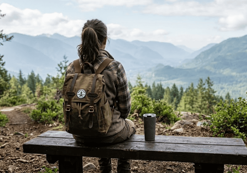 A view from behind of a woman sitting on a wooden bench looking out at a serene mountain view. Next to her on the bench sits an aesthetic canvas daypack and an insulated travel tumbler, capturing the essence of an introvert solo micro-adventure and local slow travel.
