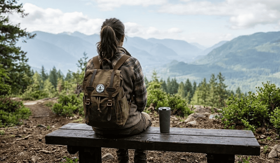 A view from behind of a woman sitting on a wooden bench looking out at a serene mountain view. Next to her on the bench sits an aesthetic canvas daypack and an insulated travel tumbler, capturing the essence of an introvert solo micro-adventure and local slow travel.