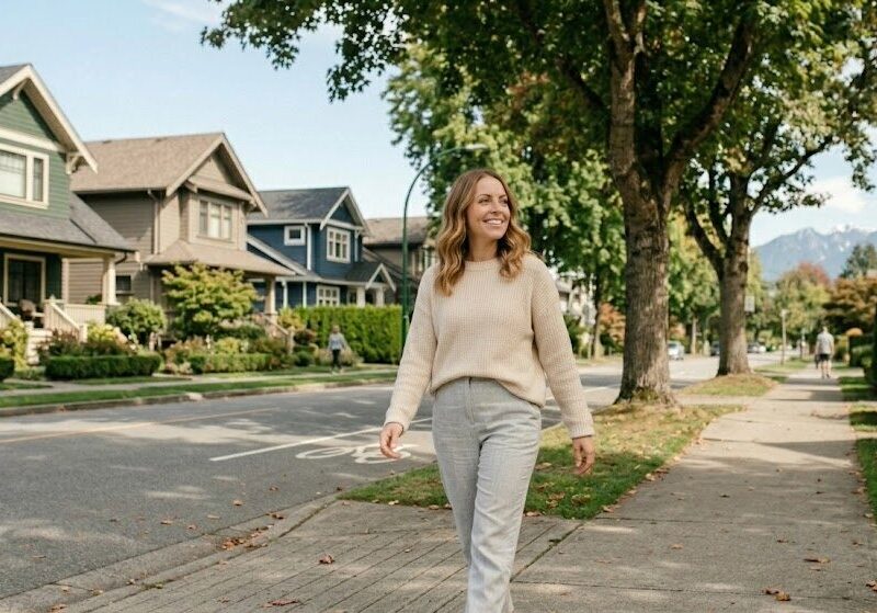 woman taking a mindful midday reset by walking through a sunny neighborhood to improve remote work wellness.