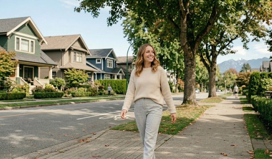 The Effortless Midday Reset: 5 Steps to Recharge Your Workday 2 woman taking a mindful midday reset by walking through a sunny neighborhood to improve remote work wellness.
