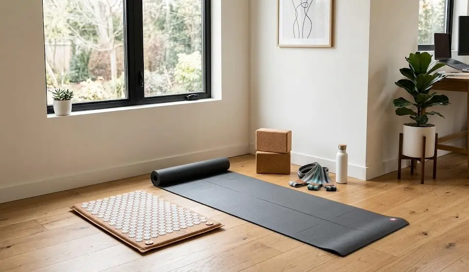 Minimalist movement nook corner with a rolled-out yoga mat, cork acupressure mat, foam yoga blocks and fabric resistance bands for home office functional movement