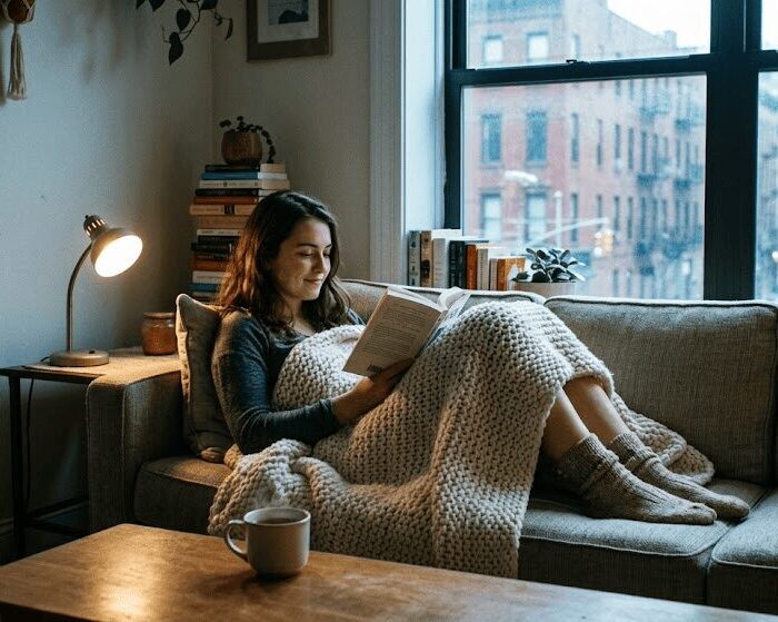 A photo of a woman reading a book while curled up on a sofa under a chunky knit blanket, with a hot mug of tea on the coffee table beside them and sunlight filtering through the window, illustrating a no-spend cozy weekend focused on frugal slow living and low cost self care through budget mindful habits.