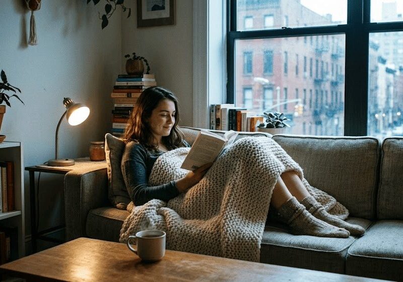 A photo of a woman reading a book while curled up on a sofa under a chunky knit blanket, with a hot mug of tea on the coffee table beside them and sunlight filtering through the window, illustrating a no-spend cozy weekend focused on frugal slow living and low cost self care through budget mindful habits.