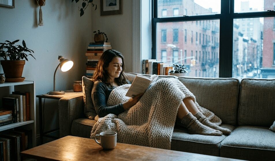 A photo of a woman reading a book while curled up on a sofa under a chunky knit blanket, with a hot mug of tea on the coffee table beside them and sunlight filtering through the window, illustrating a no-spend cozy weekend focused on frugal slow living and low cost self care through budget mindful habits.