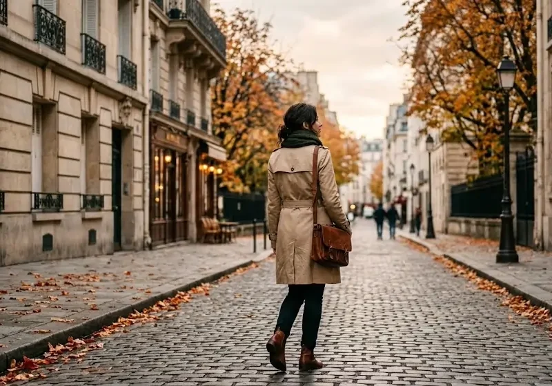 Woman in a trench coat walking a quiet autumn street in a European city — shoulder season travel benefits