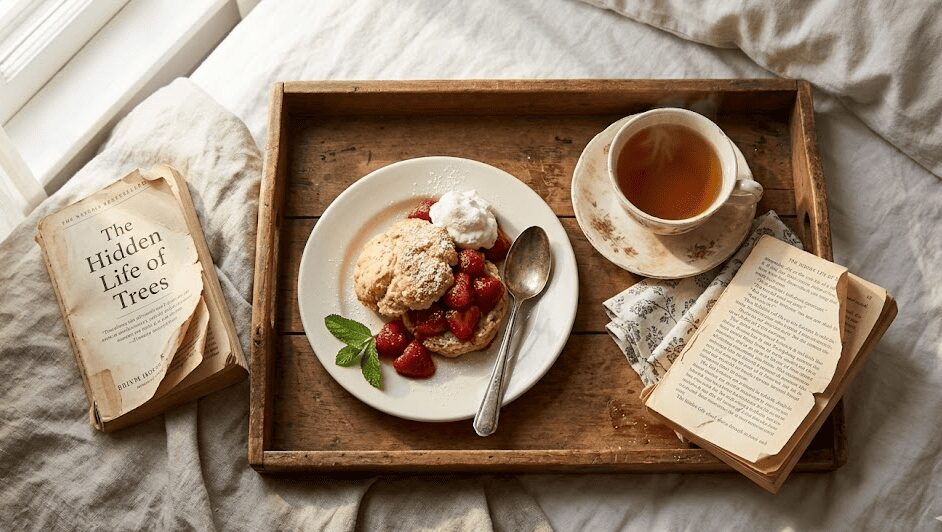 A close-up, top-down shot of a beautifully styled breakfast-in-bed tray, featuring a plate of homemade strawberry shortcake made from pantry items, a teacup, and a worn paperback, representing a perfectly curated no-spend cozy weekend breakfast that promotes frugal slow living, provides low cost self care, and embodies budget mindful habits.