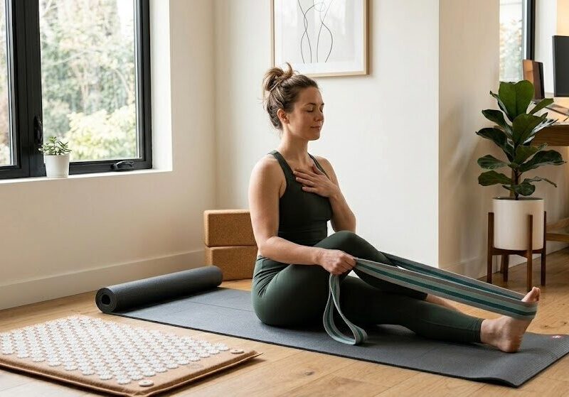 Woman doing somatic stretching at home on a yoga mat in a cozy movement nook corner as part of a desk worker daily routine
